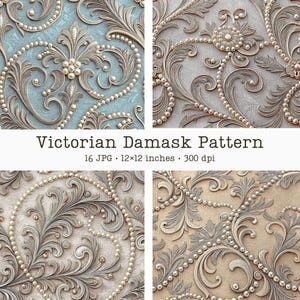 May include: Four square images showcasing a Victorian damask pattern. Each square features a different color background, including blue, gray, and beige, with a repeating ornate design in silver and pearl accents. The text "Victorian Damask Pattern" is displayed.