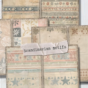 May include: A collage of vintage paper with various Scandinavian motifs. The designs include floral patterns, geometric shapes, and star motifs in muted colors like blue, pink, and beige. The text "Scandinavian motifs" is visible.