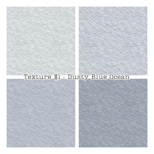 Puede incluir: Cuatro im&aacute;genes cuadradas que muestran un dise&ntilde;o de papel texturizado en tonos azules y blancos. El texto "Texture #1 - Dusty Blue Ocean" se muestra en la imagen. El papel tiene una apariencia arrugada.