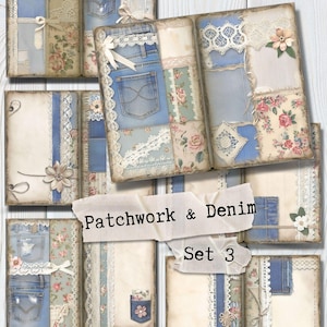 Patchwork Denim Lace Junk Journal Printable Paper | Digital Scrapbook Open Pages | Set 3