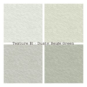 Puede incluir: Cuatro cuadrados de papel texturizado en tonos beige y verde. El cuadrado superior izquierdo es beige claro, el superior derecho es un verde beige polvoriento, el inferior izquierdo es gris claro y el inferior derecho es verde apagado. Texto: "Texture #1 - Dusty Beige Green."