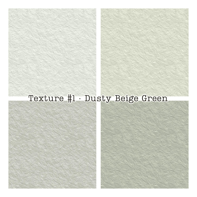 Puede incluir: Cuatro cuadrados de papel texturizado en tonos beige y verde. El cuadrado superior izquierdo es beige claro, el superior derecho es un verde beige polvoriento, el inferior izquierdo es gris claro y el inferior derecho es verde apagado. Texto: "Texture #1 - Dusty Beige Green."