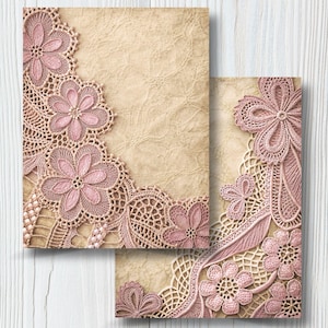 Antique Pink Lace on Aged Background, Vintage Flowers Crochet Texture, Dusty Rose Solid Color Lacework on Aged Paper, Ornate Floral Collage