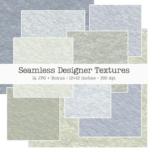 Puede incluir: Una colecci&oacute;n de texturas de dise&ntilde;o sin costuras en varios tonos de gris, blanco y beige. La imagen incluye patrones rectangulares y cuadrados, cada uno de 30,48 x 30,48 cm. El texto "Seamless Designer Textures" se muestra.