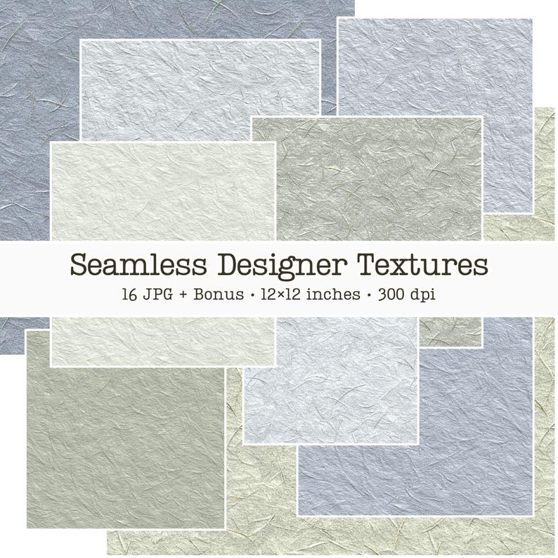 Puede incluir: Una colecci&oacute;n de texturas de dise&ntilde;o sin costuras en varios tonos de gris, blanco y beige. La imagen incluye patrones rectangulares y cuadrados, cada uno de 30,48 x 30,48 cm. El texto "Seamless Designer Textures" se muestra.