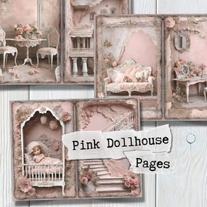 Cyfrowe papiery do domku dla lalek Shabby Chic | Wydrukowane strony dziennika Pink Junk i arkusz kolażu do scrapbookingu | Zestaw 1