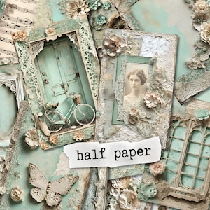 Zacht aquagroen junk-dagboekpapier | Afdrukbare pagina's shabby-chic met bloemen-, muziek- en vintage-grungeaccenten