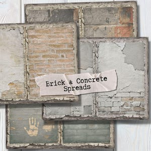 May include: A collection of digital art spreads featuring brick and concrete textures. The images showcase various brick patterns in shades of brown, gray, and red, alongside concrete textures with peeling paint. The text "Brick & Concrete Spreads" is visible.