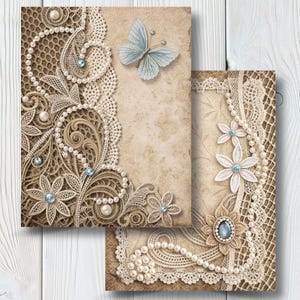 Pode incluir: Um conjunto de papelaria em estilo vintage com intrincados enfeites de renda e pérolas. Os designs apresentam padrões florais, borboletas delicadas e detalhes em azul claro. A paleta de cores inclui tons de bege, creme e castanho.