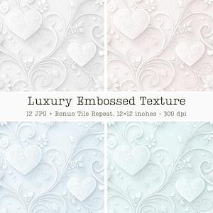 White Shades Embossed Pastel Palette, Premium Wedding Invitation Paper, Floral & Heart Seamless Pattern Texture, Raised Aesthetic Background