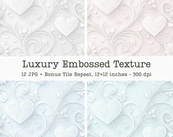 White Shades Embossed Pastel Palette, Premium Wedding Invitation Paper, Floral & Heart Seamless Pattern Texture, Raised Aesthetic Background