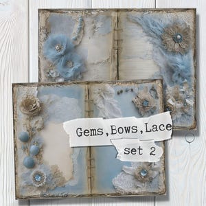 Vintages Digitales Papier, Antikes Scrapbook mit Spitze, Junk Journal Seiten mit Satinschleifen, Edelsteine & Viktorianische Broschen | Ausdruckbares Shabby Chic Set 2