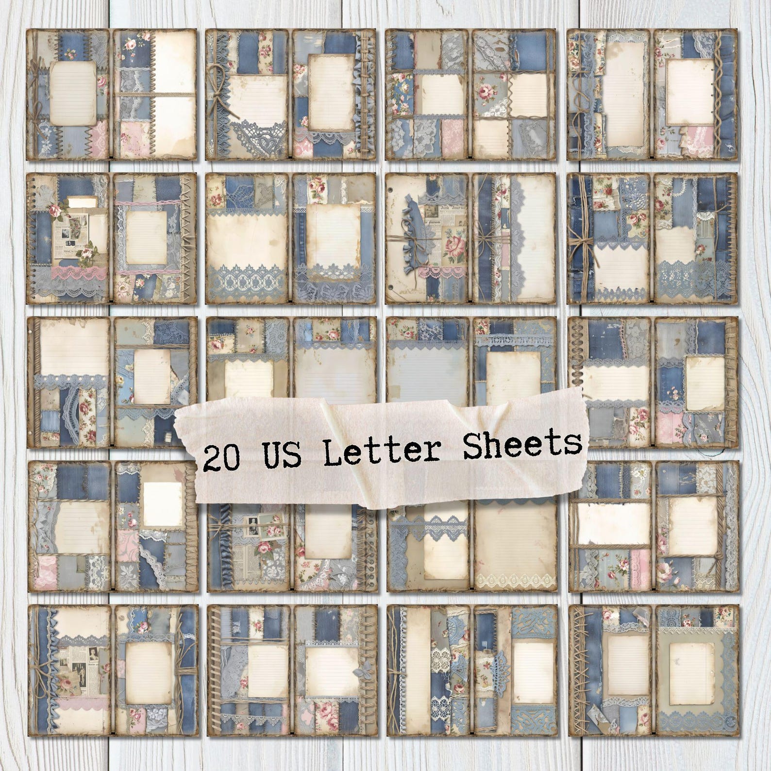 Patchwork Denim Lace Junk Journal Printable Paper | Digital Scrapbook ...