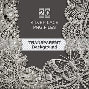 Superposiciones PNG de encaje plateado sobre fondo transparente, imágenes prediseñadas de bordado de perlas de ganchillo rococó, borde metálico de esquina, encaje gris con sombra 3D