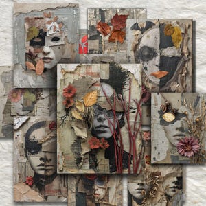 Op de afbeelding: Een verzameling mixed media kunstwerken met gefragmenteerde portretten. Het kunstwerk bevat gescheurd papier, gedroogde bladeren en bloemelementen. Het kleurenpalet omvat neutrale tinten met accenten van rood en oranje.