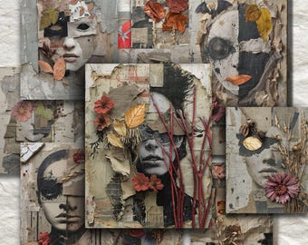 Art surréaliste de collage de visages, textures numériques avec des personnes, portraits abstraits techniques mixtes pour journal indésirable d'automne, impression Wonen éphémère