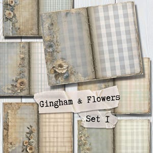 Vintage Gingham Scrapbook Junk Journal Paper | Shabby Digital Pages with Grid and Floral Designs Collage Sheets | Set-1