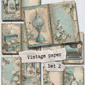 Pagine di diario spazzatura digitale, carta vittoriana e effimere vintage, doppia pagina stampabile Shabby Chic blu verde Scrapbook / Set-2