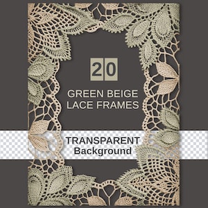 Peut inclure: Un cadre rectangulaire composé de dentelle complexe verte et beige avec des motifs floraux. Le centre affiche le texte 20 GREEN BEIGE LACE FRAMES et TRANSPARENT BACKGROUND. La bordure en dentelle présente un motif en maille détaillé.