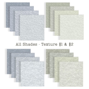Puede incluir: Una colecci&oacute;n de hojas de papel cuadradas en varios tonos de azul y verde. El papel tiene una superficie texturizada. El texto "All Shades &bull; Texture #1 & #2" se muestra debajo.