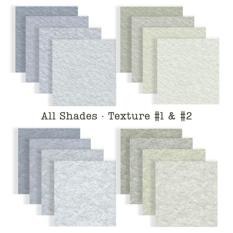 Puede incluir: Una colecci&oacute;n de hojas de papel cuadradas en varios tonos de azul y verde. El papel tiene una superficie texturizada. El texto "All Shades &bull; Texture #1 & #2" se muestra debajo.