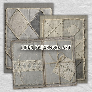 Könnte beinhalten: Eine Sammlung von Leinen-Patchwork-Kunstwerken in verschiedenen Formen und Größen. Die Stücke weisen Rauten- und Quadratmuster in neutralen Grautönen, Beige und Creme auf. Der Text "LINEN PATCHWORK ART" ist zu sehen.