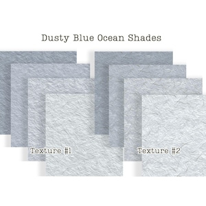 Puede incluir: Una colecci&oacute;n de hojas de papel texturizadas en varios tonos de azul polvoriento y gris. La imagen presenta el texto "Dusty Blue Ocean Shades", "Texture #1" y "Texture #2". Los papeles tienen una apariencia arrugada.