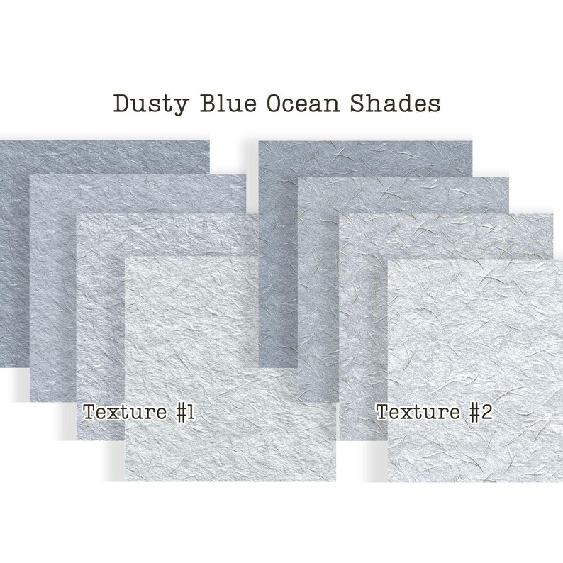 Puede incluir: Una colecci&oacute;n de hojas de papel texturizadas en varios tonos de azul polvoriento y gris. La imagen presenta el texto "Dusty Blue Ocean Shades", "Texture #1" y "Texture #2". Los papeles tienen una apariencia arrugada.