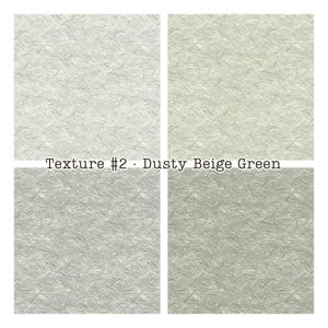 Puede incluir: Cuatro cuadrados de papel texturizado en diferentes tonos de beige y verde. El papel tiene un aspecto fibroso con el texto "Texture #2 - Dusty Beige Green" en la parte inferior.