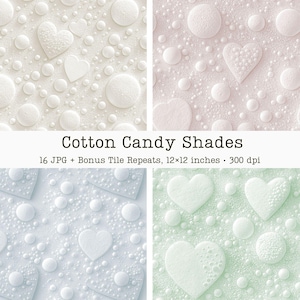 Puede incluir: Cuatro paneles de arte digital con fondos texturizados en colores pastel. Cada panel presenta un patrón de corazones y círculos. El texto "Cotton Candy Shades" se muestra debajo.