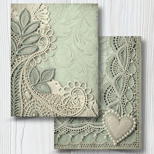 Papel de encaje de ganchillo verde salvia, fondo verde salvia envejecido, textura de bordado vintage perlado, álbum de recortes shabby chic, página de diario de recortes verde