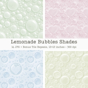 May include: Four square images showcasing bubble and heart patterns in pastel colors. The top left is light green, top right is pink with hearts, bottom left is blue with hearts, and bottom right is yellow. Text reads "Lemonade Bubbles Shades".