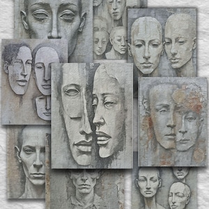 May include: A collection of grayscale art prints featuring stylized human faces. The artwork has a textured, aged appearance, with varying compositions of single and multiple faces. The overall theme is portraiture, with a focus on facial features and expression.