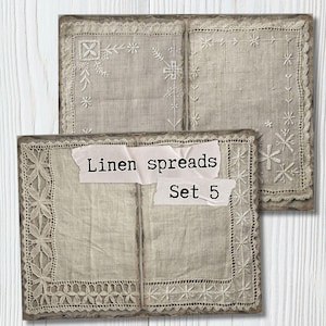 Könnte beinhalten: Satz Leinen-Tischdecken mit gestickten Blumen- und geometrischen Mustern. Die Tischdecken sind hellbeige mit weißer Spitzenborte. Der Text "Linen spreads Set 5" ist auf dem Bild zu sehen.