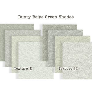 Puede incluir: Una colecci&oacute;n de muestras de papel en varios tonos beige y verde polvorientos. La imagen presenta varias hojas rectangulares con superficies texturizadas, etiquetadas como "Texture #1" y "Texture #2". El texto "Dusty Beige Green Shades" est&aacute; en la parte superior.