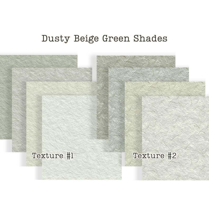 Puede incluir: Una colecci&oacute;n de muestras de papel en varios tonos beige y verde polvorientos. La imagen presenta varias hojas rectangulares con superficies texturizadas, etiquetadas como "Texture #1" y "Texture #2". El texto "Dusty Beige Green Shades" est&aacute; en la parte superior.