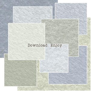 Puede incluir: Un collage de cuadrados de papel texturizado en varios tonos de gris, blanco y verde. El texto "Download. Enjoy." est&aacute; centrado en uno de los cuadrados. El papel tiene un patr&oacute;n sutil y org&aacute;nico.