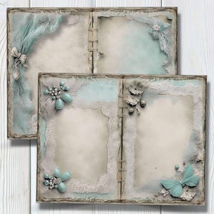 Vintage romantic double spread pages | Pastel aqua teal feminine papers | Pearls & Bows distressed lace border | Boudoir cozy faded sheets