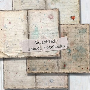 May include: A collection of vintage-style school notebooks with aged, textured pages. The notebooks feature hand-drawn doodles, floral illustrations, and the text "Scribbled school notebooks" on a paper banner. The pages have a lined or grid pattern.