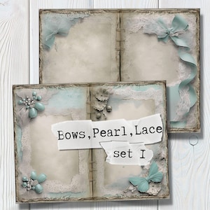 Rustikales digitales Papier, Scrapbook- & Junk-Journal-Seiten mit antiken Spitzen, Satinschleifen und Perlen, druckbare Shabby-Chic-Doppelseite im Set 1