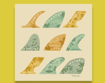 May include: A square print featuring nine stylized surfboard fins in shades of yellow, green, and blue. Each fin has a different design and a location name, including "Sunset," "Pipeline," and "Waimea." The artist's signature is in the bottom right corner.