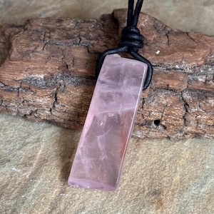 Raw Rose Quartz Stick Necklace, Leather And Crystal Choker, Pink Gemstone, Adjustable, Vegan Options