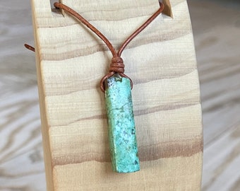 Raw Rustic African Turquoise Necklace, Leather Cord Necklace, Turquoise Colored Gemstone, Green Jasper, Minimalist, Balance, Custom Lengths