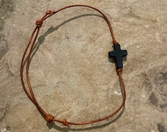 Black Onyx Cross Bracelet, Brown Leather Bracelet, Adjustable Leather Cord, Black Cross Bracelet