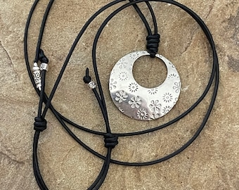 Flower Embossed Silver Hoop Necklace, Stainless Steel Necklace, Adjustable Leather Cord, Boho Jewelry