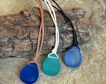 Sea Glass Flat Teardrop Pendant, Beach Glass, Adjustable Cord Necklace, Summer Jewelry, Recycled Glass, Minimalist