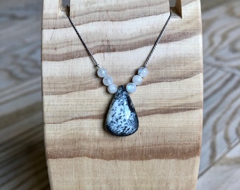 Dendrite Opal Pendant Necklace, Cord Necklace, Black and White Gemstone, Minimalist, Custom Lengths