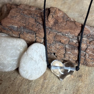 Small Crystal Quartz Puffy Heart Necklace, Leather Cord Necklace, Clear Quartz Gemstone, Minimalist, Custom Lengths