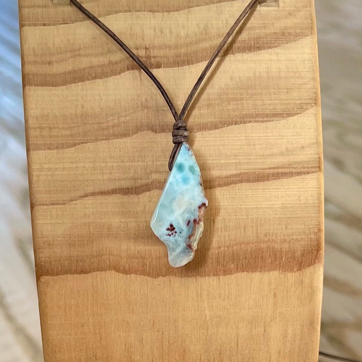Small Raw Caribbean Larimar And Leather Choker Necklace, Minimalist, Custom Lengths, Gemstone Choice, Blue Gemstone