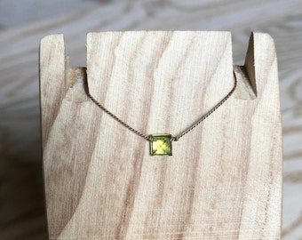 Tiny Peridot Square Gemstone Silk Minimalist Necklace, Custom Length, Layering